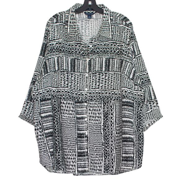 Westbound Top 3/4 Sleeve Button Up Abstract Casual Minimalist Black White 3X - Picture 1 of 6